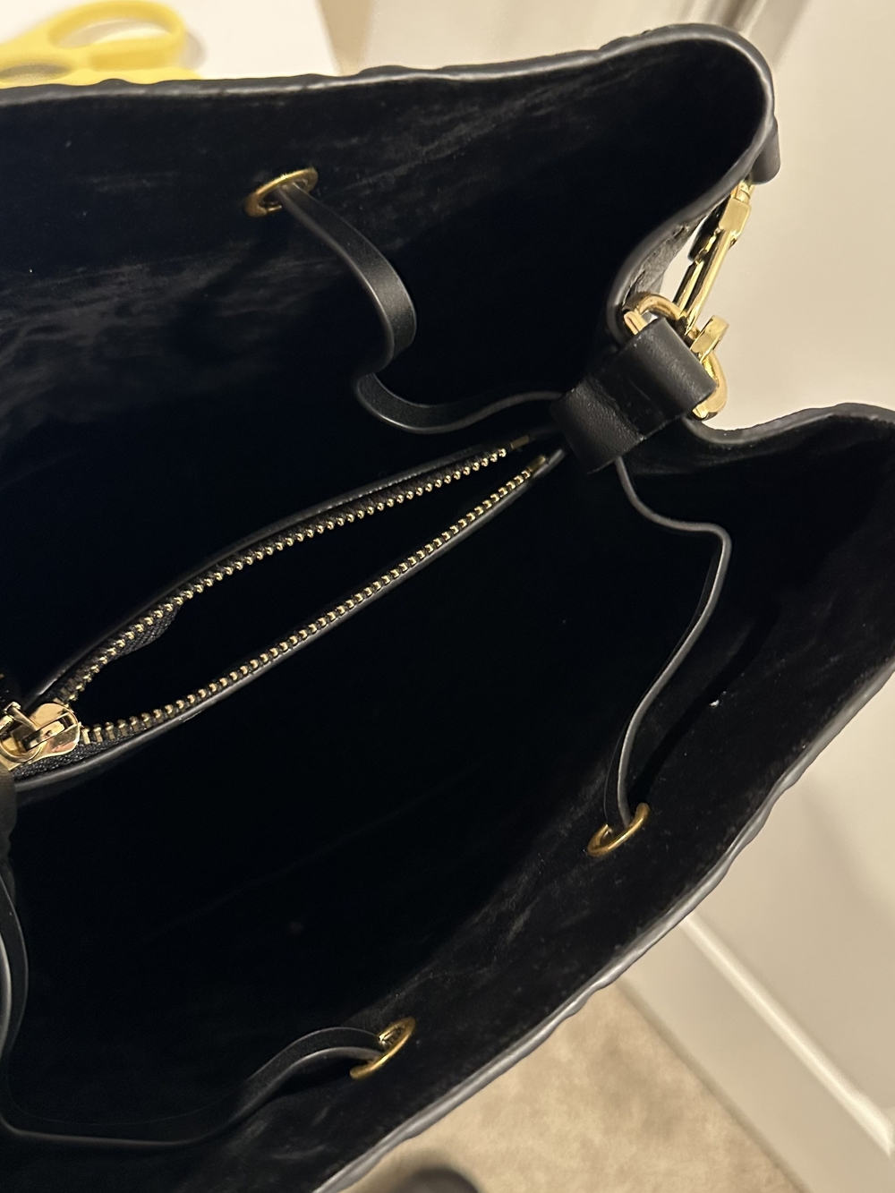 Black Leather Embossed Bucket Bag in Black with Gold Tone - Picture 9 of 10